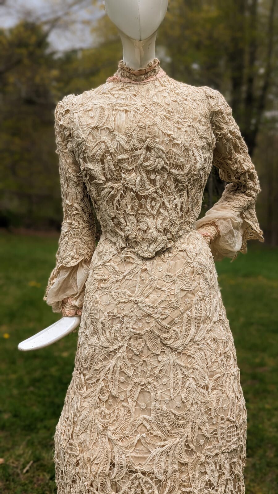 VICTORIAN HAND MADE BATTENBURG LACE DRESS W BELL SLEEVES + TRAIN