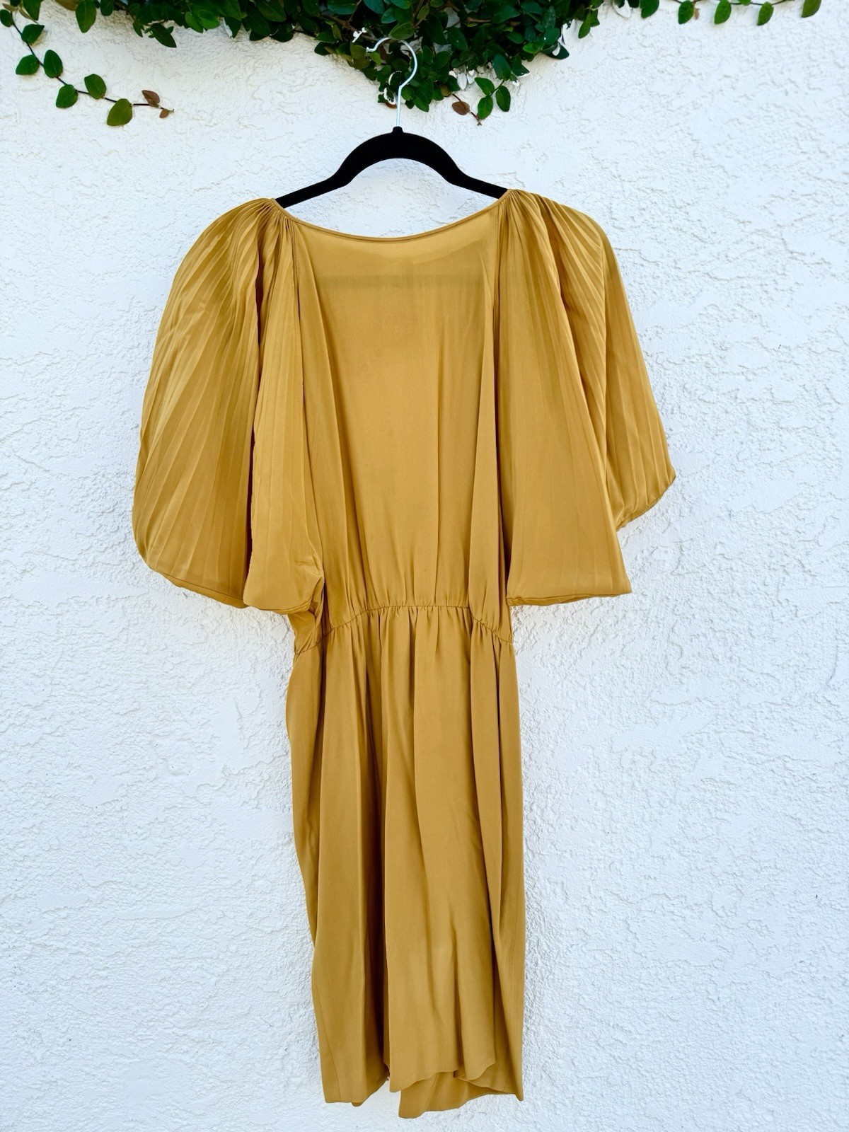 Jacques Molko Paris Vintage Yellow Dress Pleated Sleeves Cinched Waist Sz Small