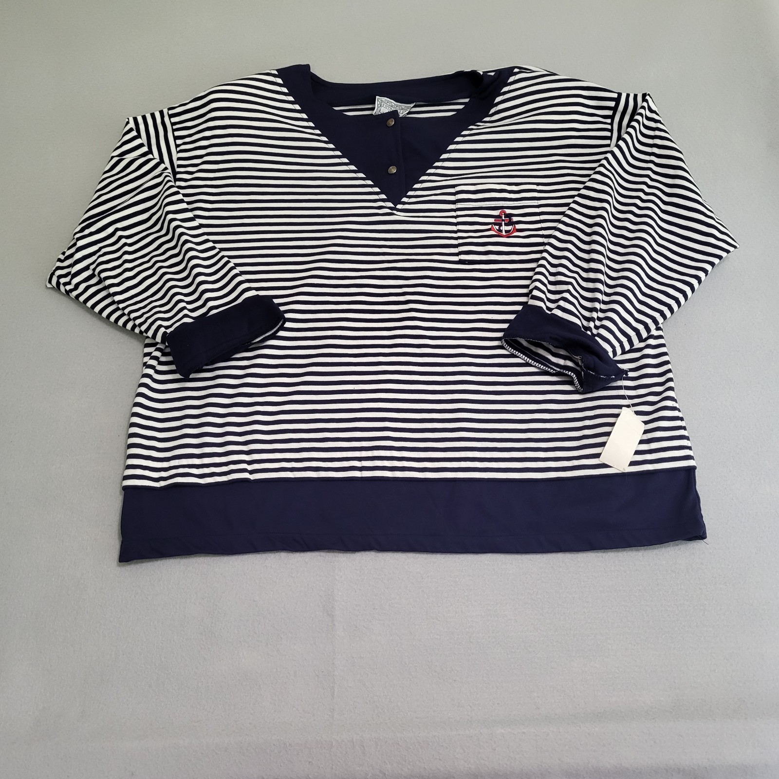 VTG Long Sleeve Striped Nautical Shirt Embroidered Anchor Women&rsquo;s 44/24W NOS