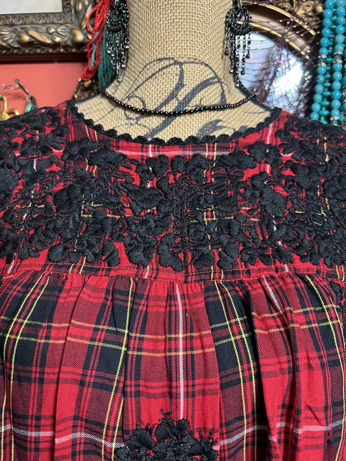 Beautiful Sister Mary Oaxaca Red & Black Plaid Black Embroidery & Crochet ML