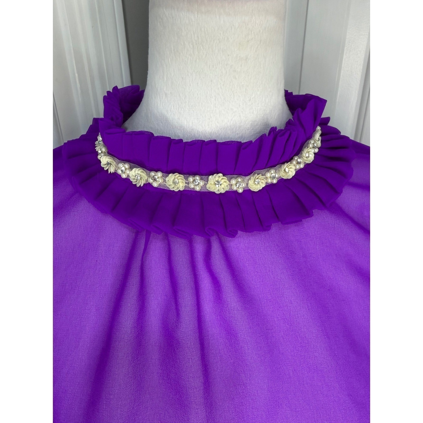 VTG Purple Sheer Chiffon Ruffle Neck Mini Dress Romantic Hollywood Regency S/M