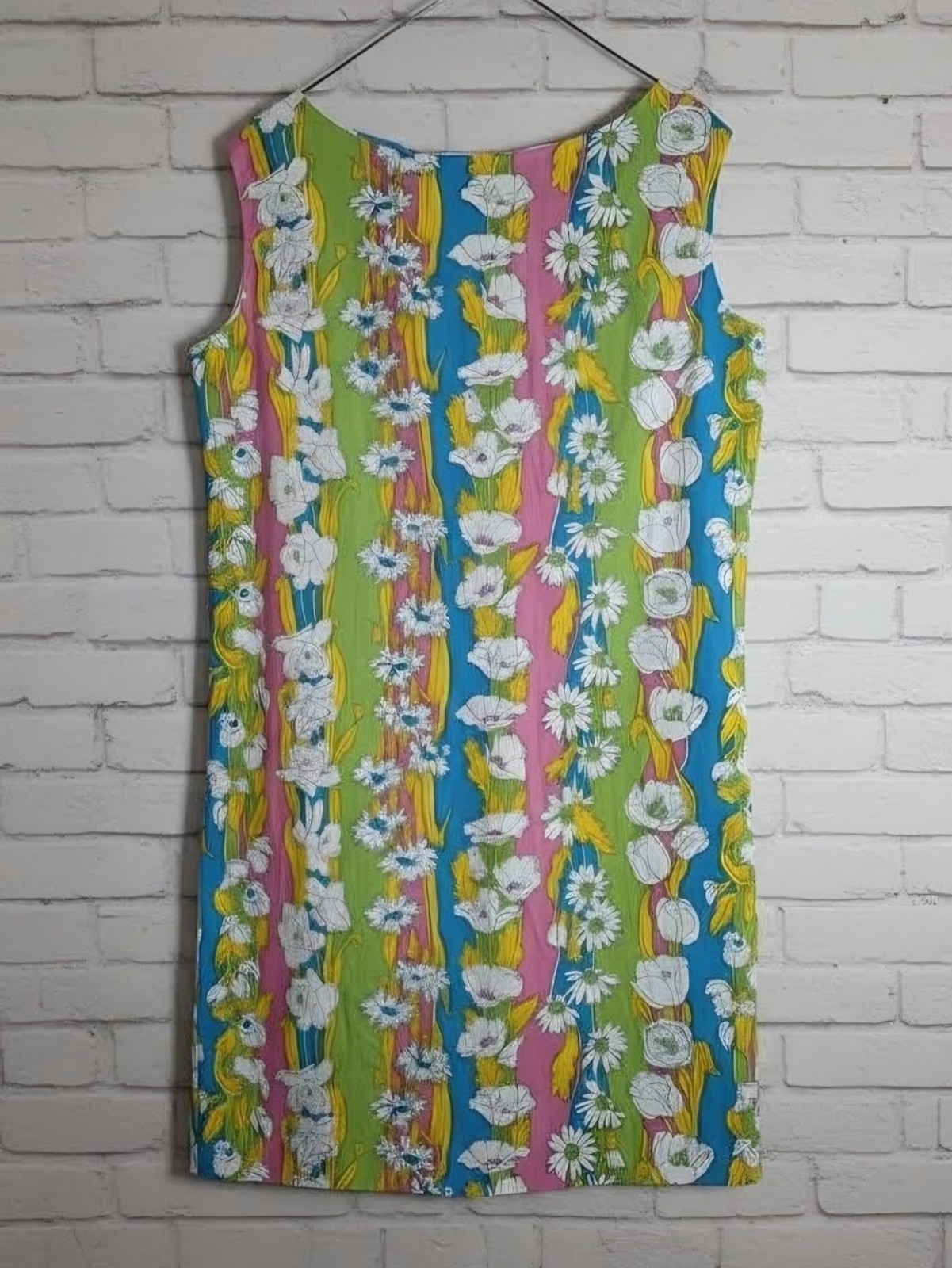 VTG Women&rsquo;s 60s Floral Stripe Mod Midi Linen Shift Dress Sz M 1960s