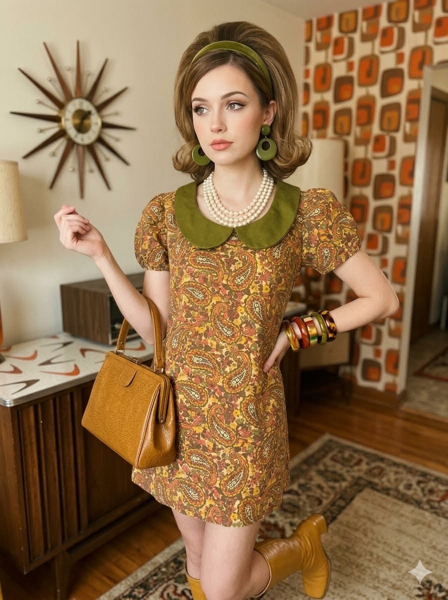 Vintage 60s Mod Mini Dress GoGo Peter Pan Collar Psychedelic Paisley Puff Sleeve