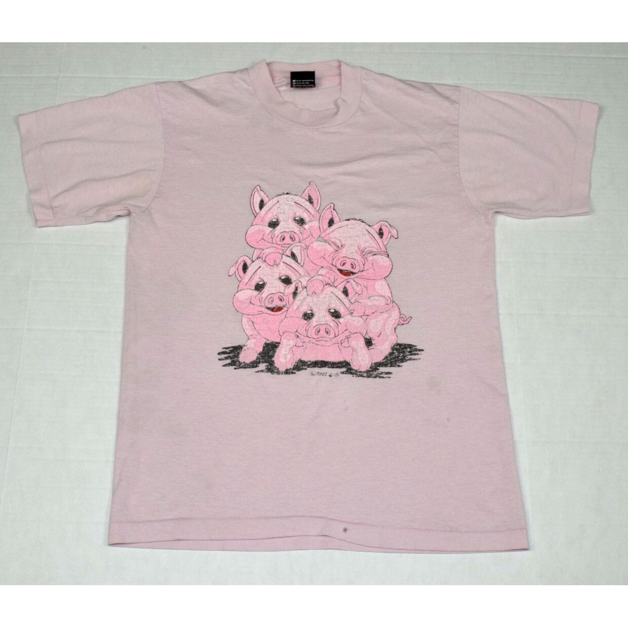 Vintage T-Shirt Single Stitch Size M 80s Pale Pink Happy Pigs Made USA c.1987