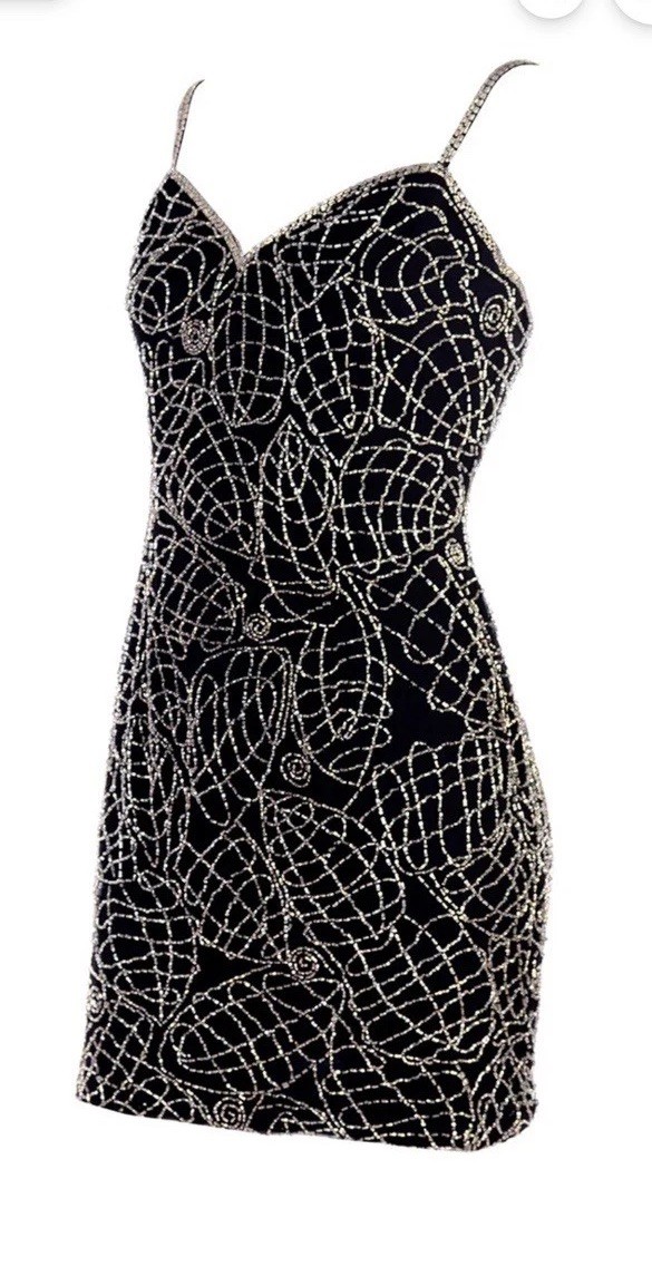 Vintage 90s 100% Silk Niteline Black Beaded Mini Dress With boning Size 8