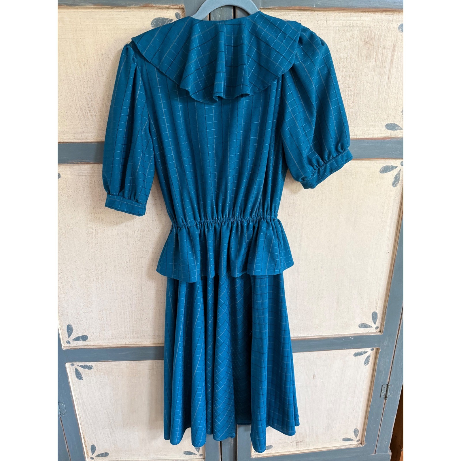 Vintage 80s Teal Blue Metallic Peplum Midi Dress Ruffle V-Neck 14 Cottagecore