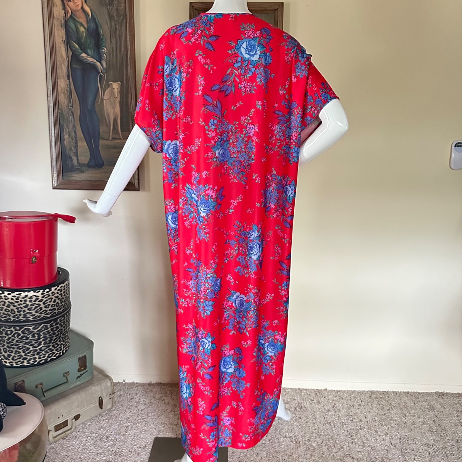 Vintage 1970s Mrs Roper Caftan Goddess Dress Red & Blue Hawaiian Floral M/L