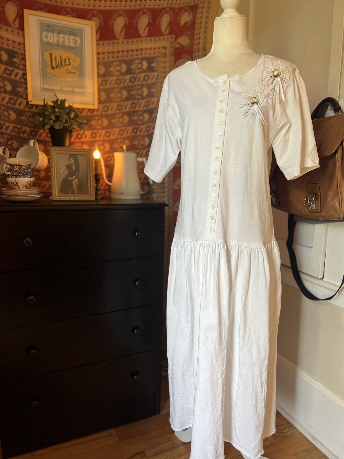 Vintage 90s White Short Sleeve drop waist cotton Shirtdress Dress Medium