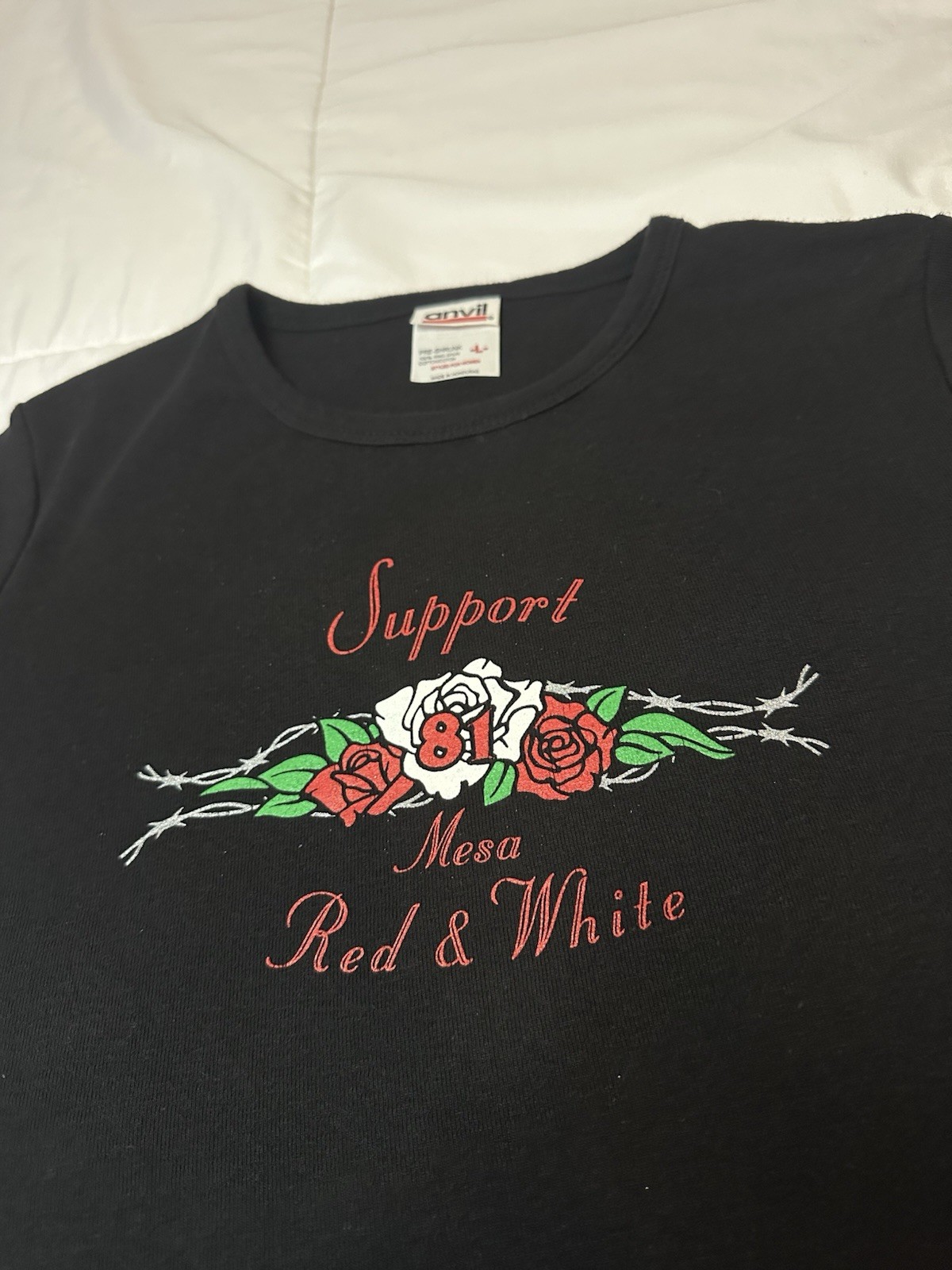 VTG 90s/00s Support 81 Red & White Mesa AZ Rose Women’s T Shirt Size L Y2K Anvil