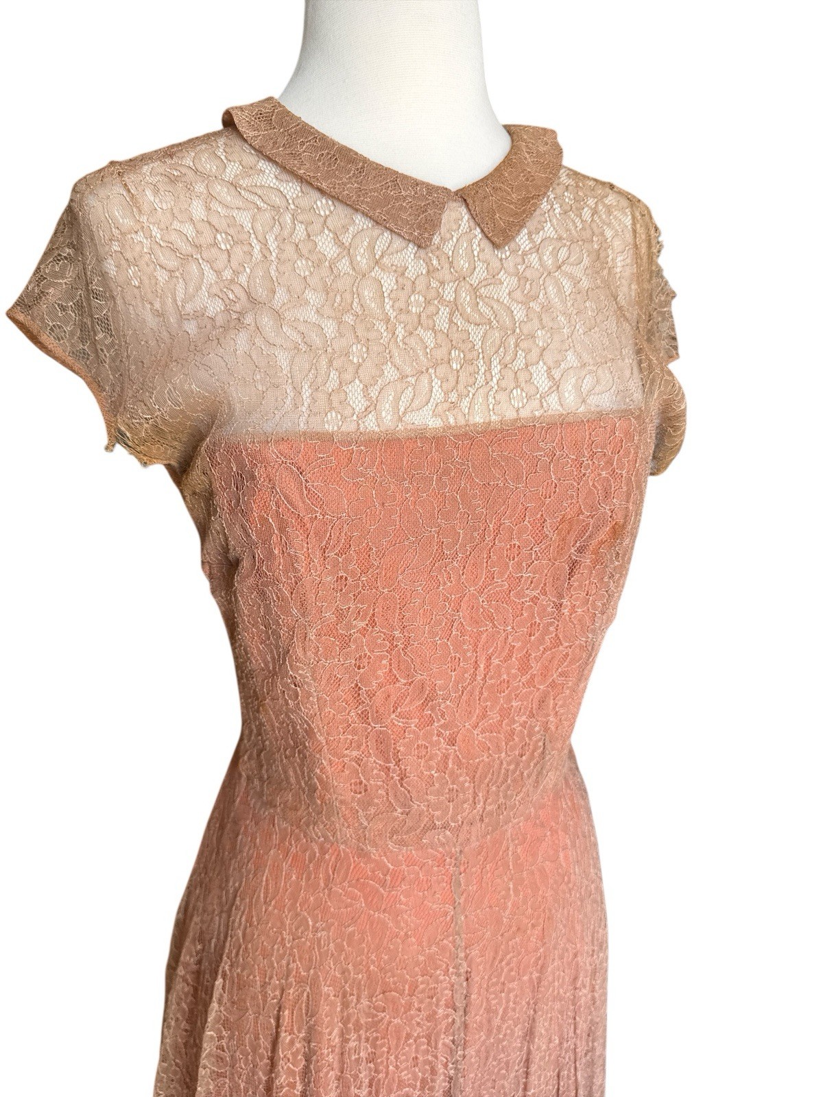 Vintage 40’s Ceil Chapman Lace Gown Peach Brown Copper 24” Waist Midi Sz 4