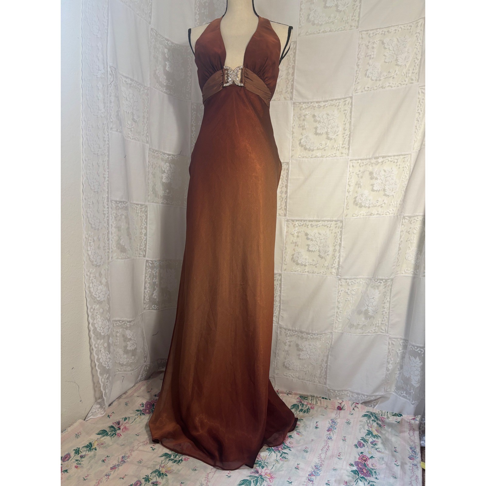 VTG Brown Copper Ombre Plunge Neck Halter Beaded Floor Length Gown Size XS