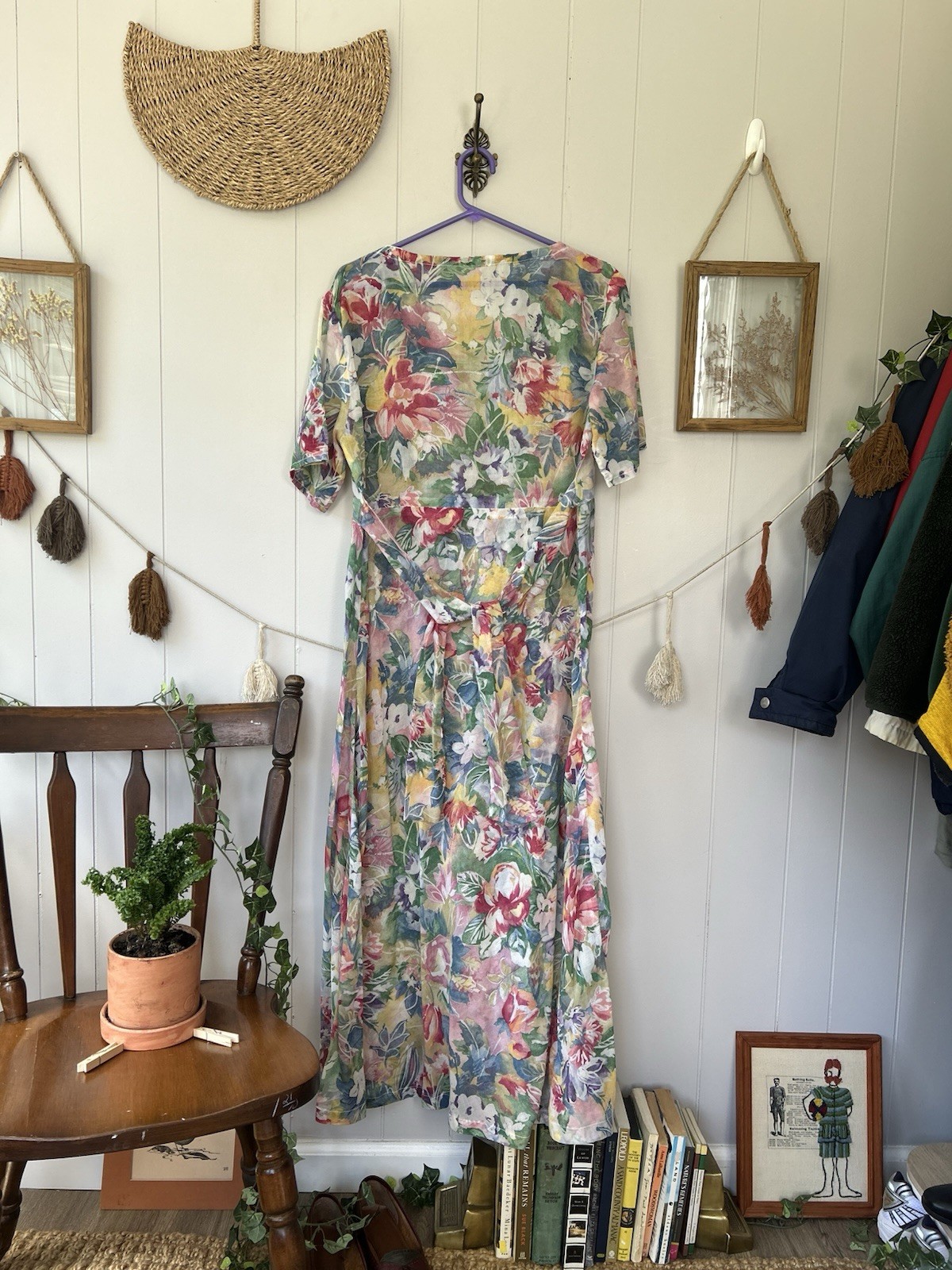 Vintage 90s Watercolor Floral Maxi Dress Sheer Chiffon Kimono Sleeve Boho M L