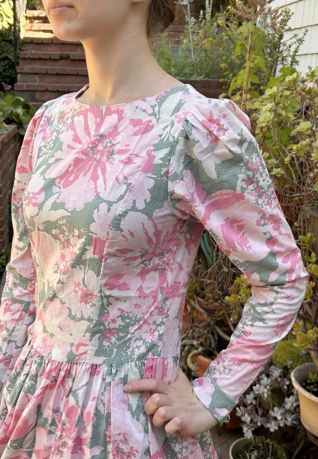 Vintage Laura Ashley Dress S (8) Floral Pink Puff Sleeve Made In UK Cotton Pink
