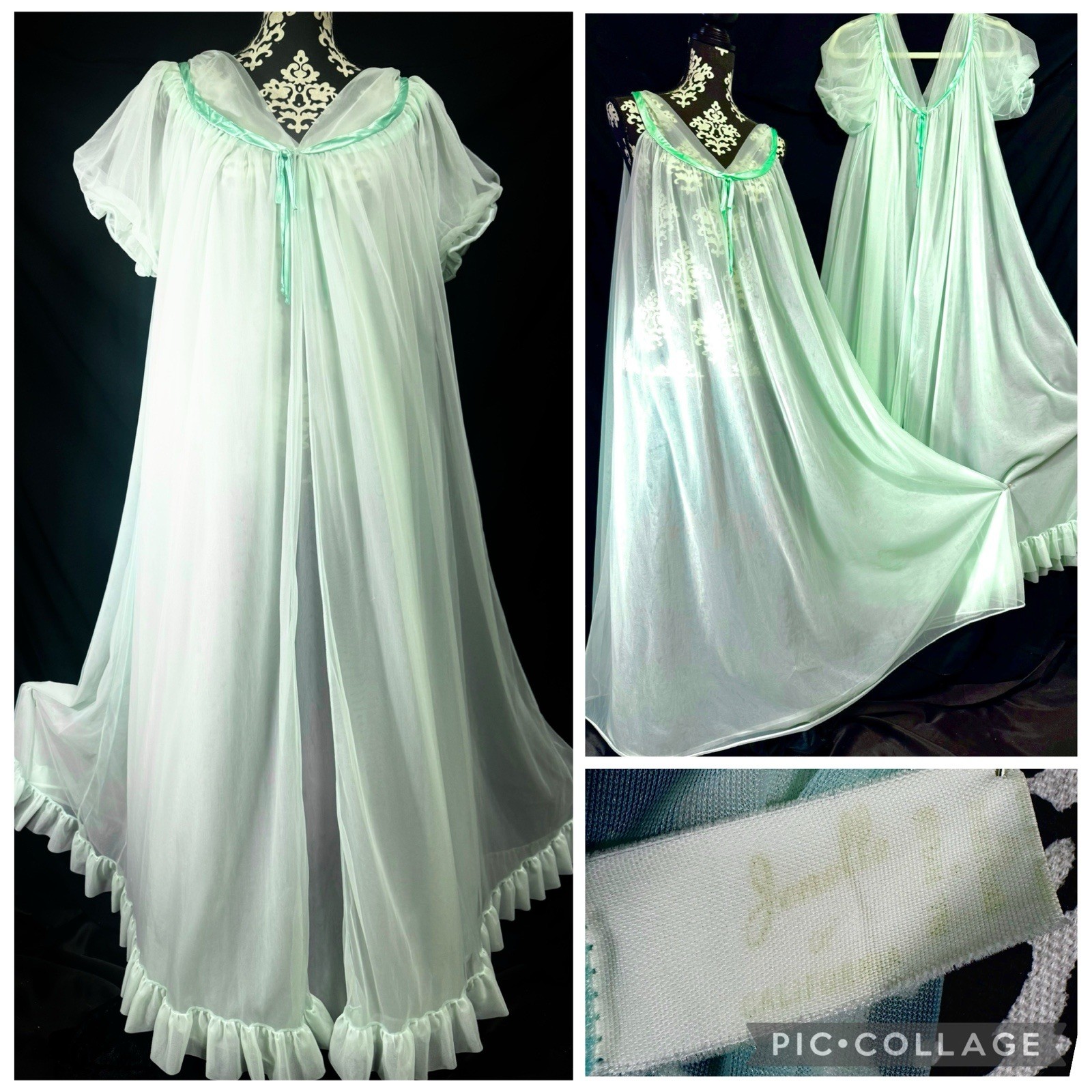 Vintage 60s Jenelle Mint Green Sheer Nylon Chiffon Nightgown XL 57”
