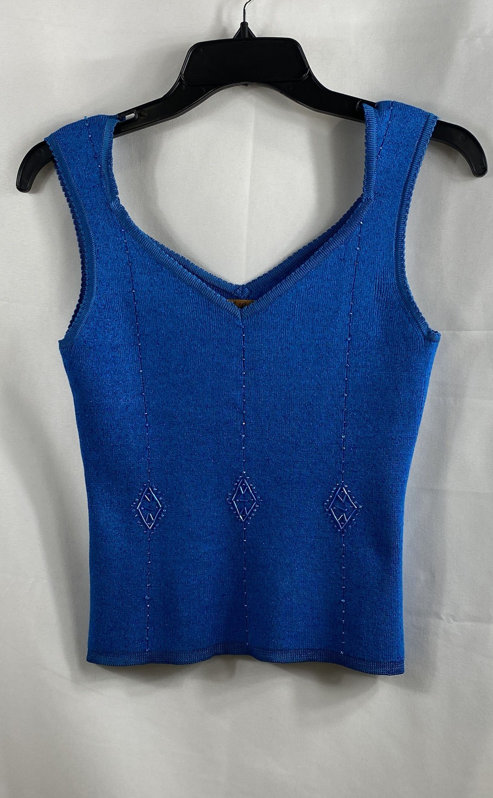 Vintage Y2K Milano Women&rsquo;s Blue Beaded Knit V-Neck Tank Top Size L