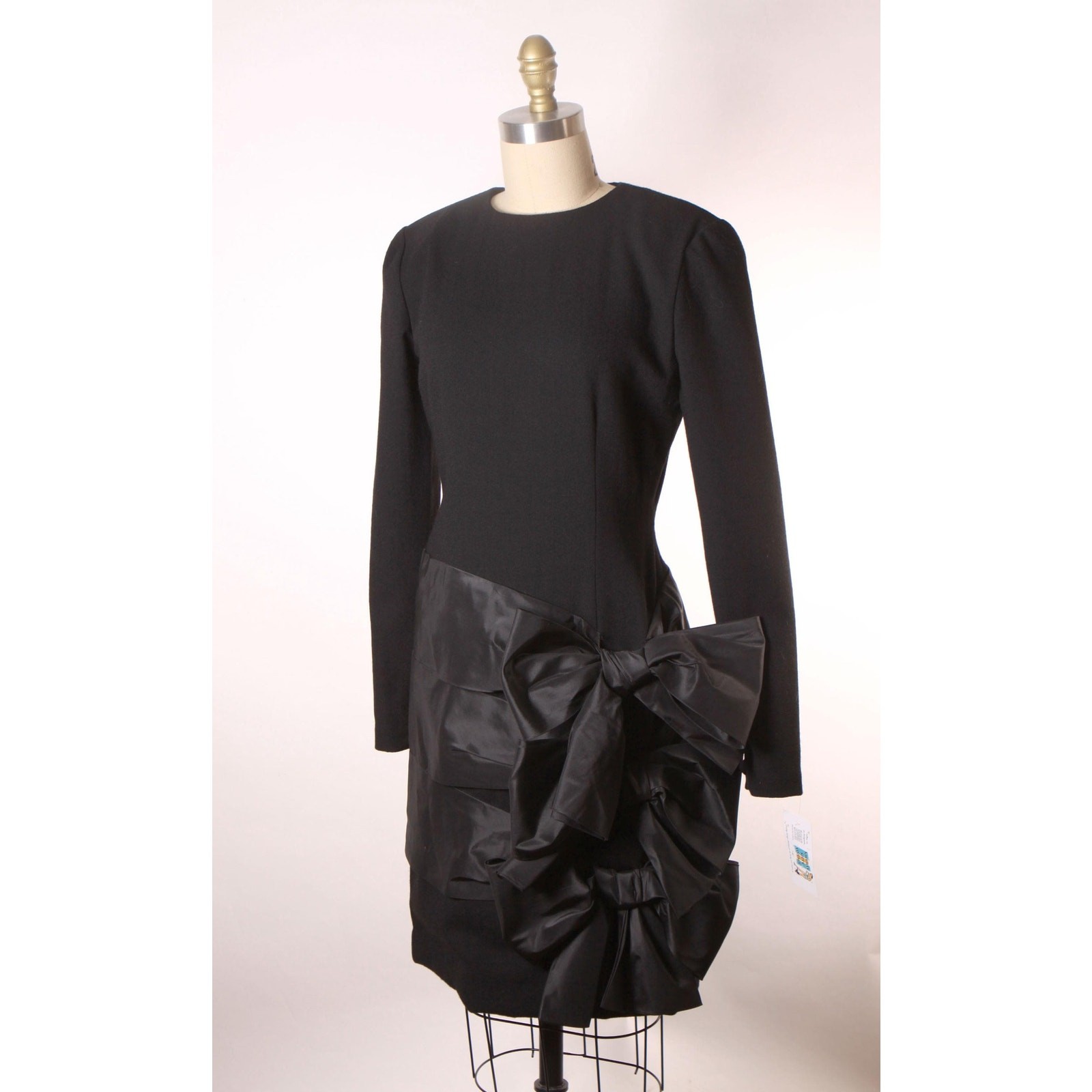 1980s Black Long Sleeve Oversized Bow Formal Cocktail Dress by Bill Blass
