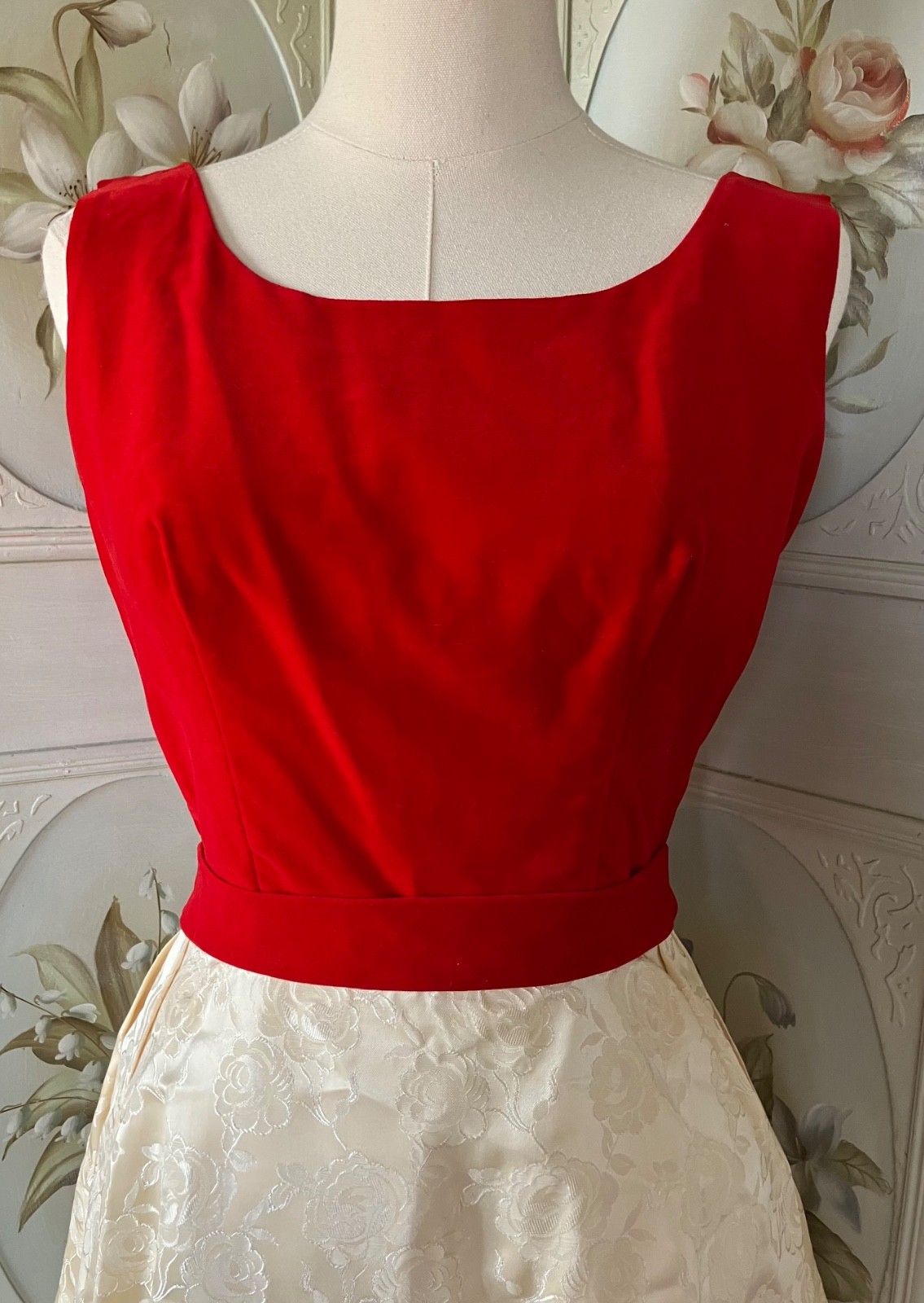 NWOT NEW VTG 50s PARTY DRESS SLVLSS RED VELVET CREAM JACQUARD+LACE SHRUG 13/14