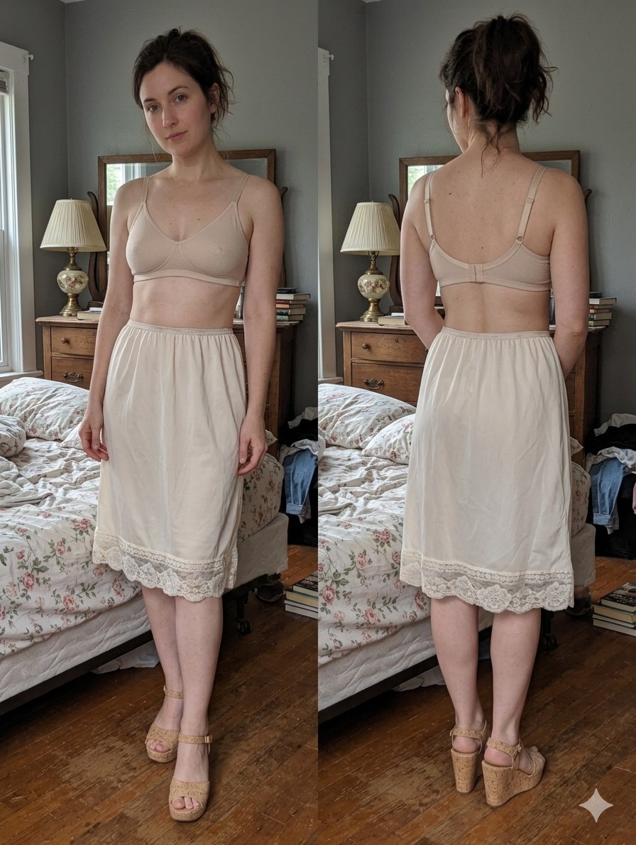 Vintage 70s Intime Lingerie Ivory Nylon Half Slip Wide Lace Trim ILGWU Medium