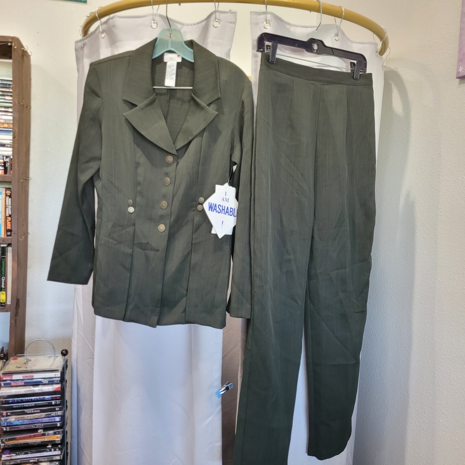 Vintage 90s Women&rsquo;s Olive Green Blazer Pant Suit Set Copper Button By Scarlett M
