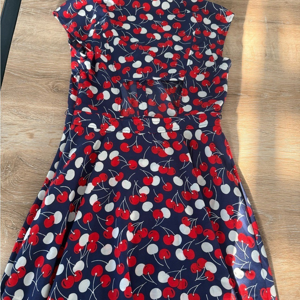 Retro inspired Red & White Cherry Print Navy Summer dress with Keyhole back. S