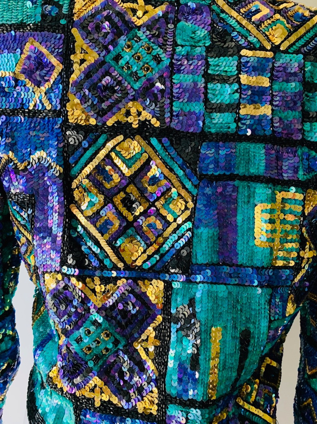 Vintage Jacket Lawrence Kazar Blue Green Silk Sequin Beaded Festival Party SMALL