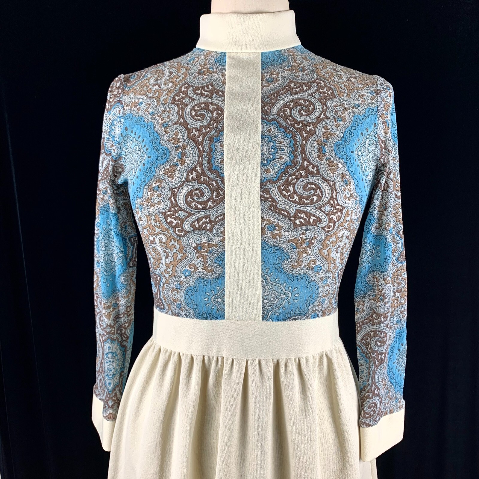 Sears 1970s Poly Double Knit Maxi Dress S Blue Lace Gathered Skirt Excellent