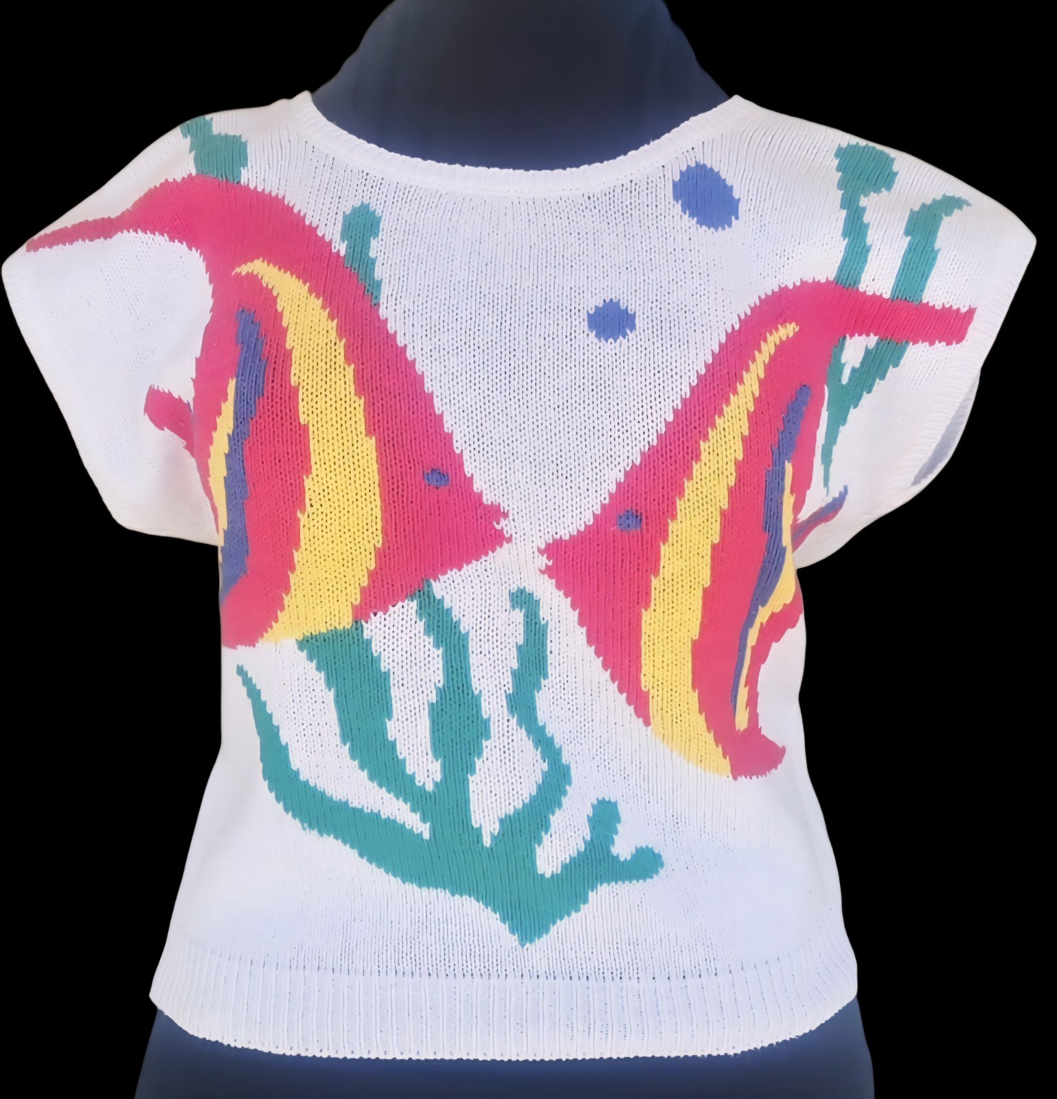 1980s BELDOCH PETITES Kissing Angel Fish Short Sleeve Cotton Sweater Size Small