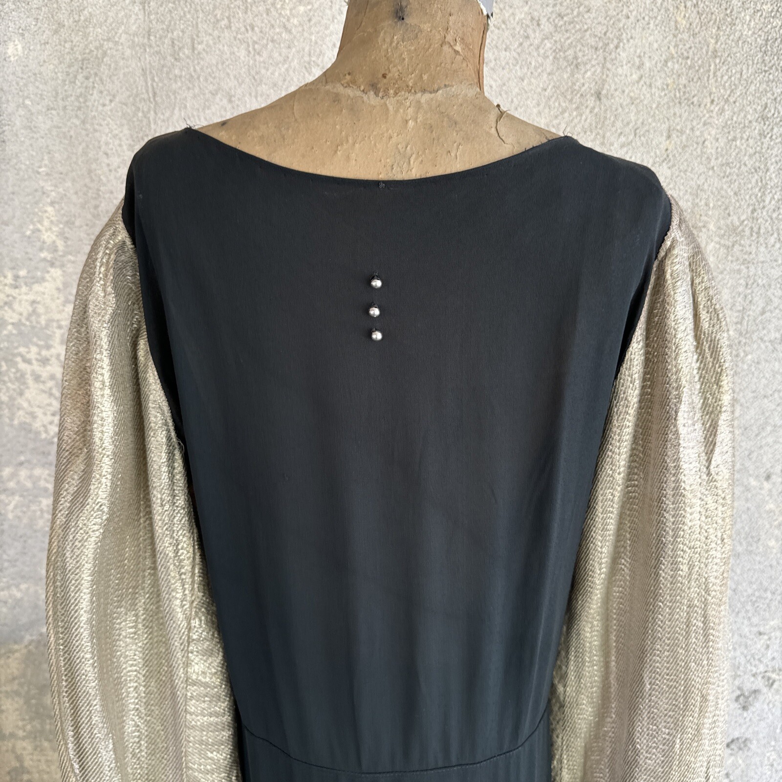 Vintage 1930s Black Silk Dress Silver Lamé Balloon Sleeves Metal Bead Accents
