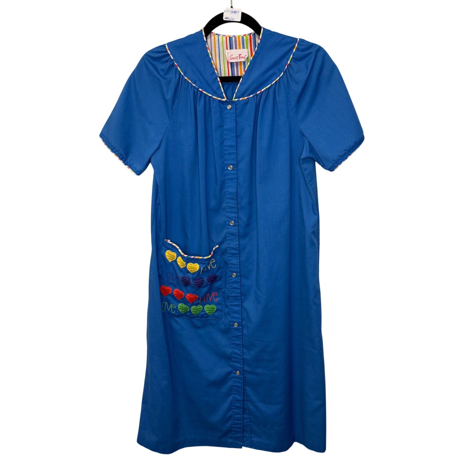 VTG 90s Teacher Smock Dress Blue Button Front Embroidered Hearts Cottagecore LRG