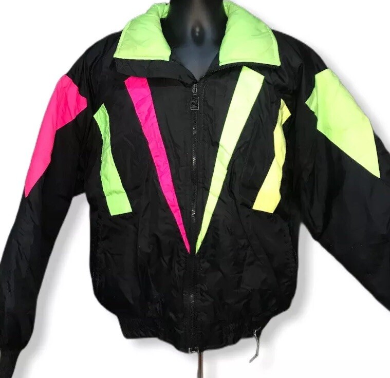 Vintage 1980’s Color Block Skii Jacket Green Mountain Women’s L Neon Runs Small