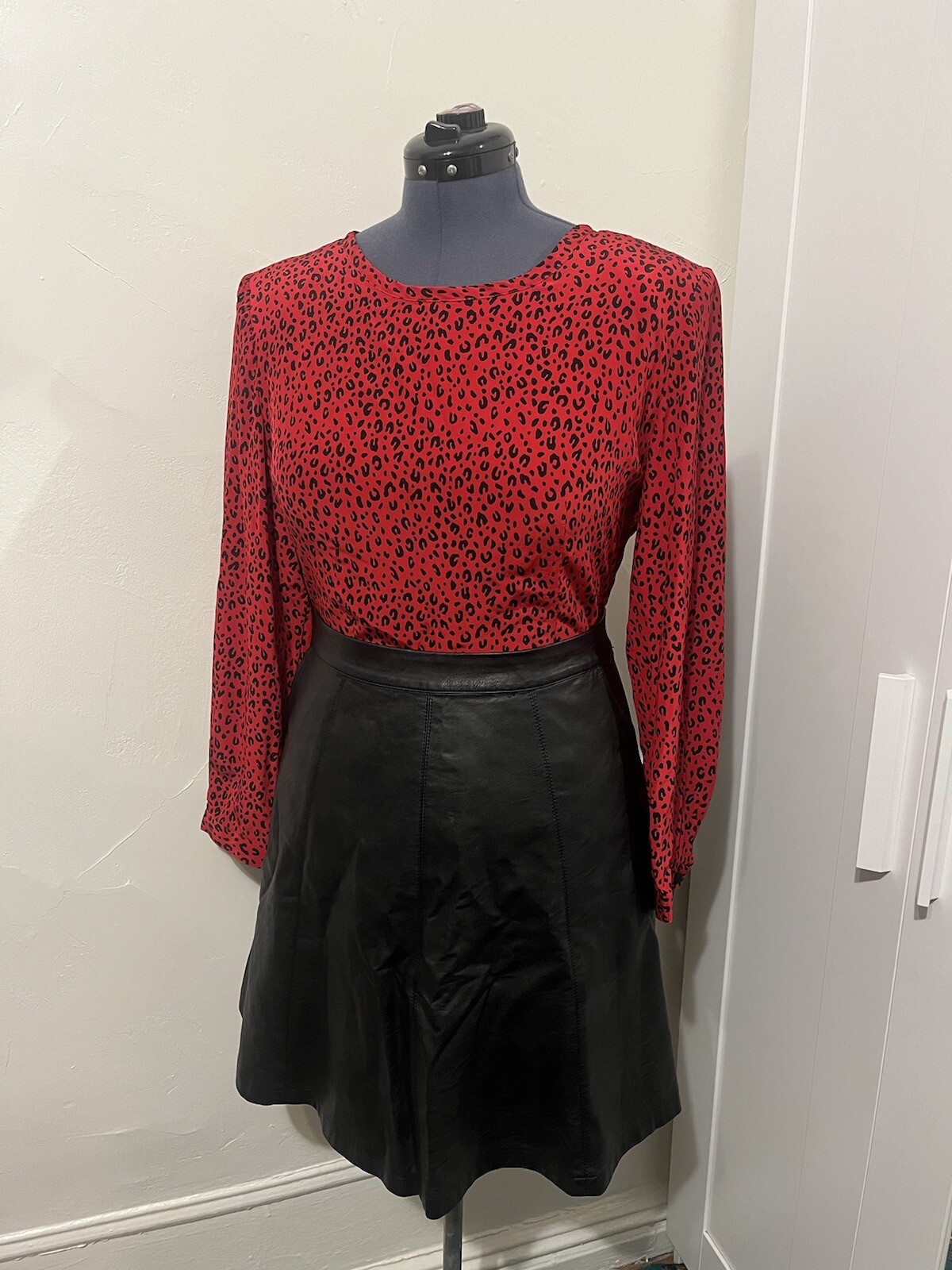 Vintage Cheetah Print Red & Black Silk Long Sleeve Lloyd Williams Blouse
