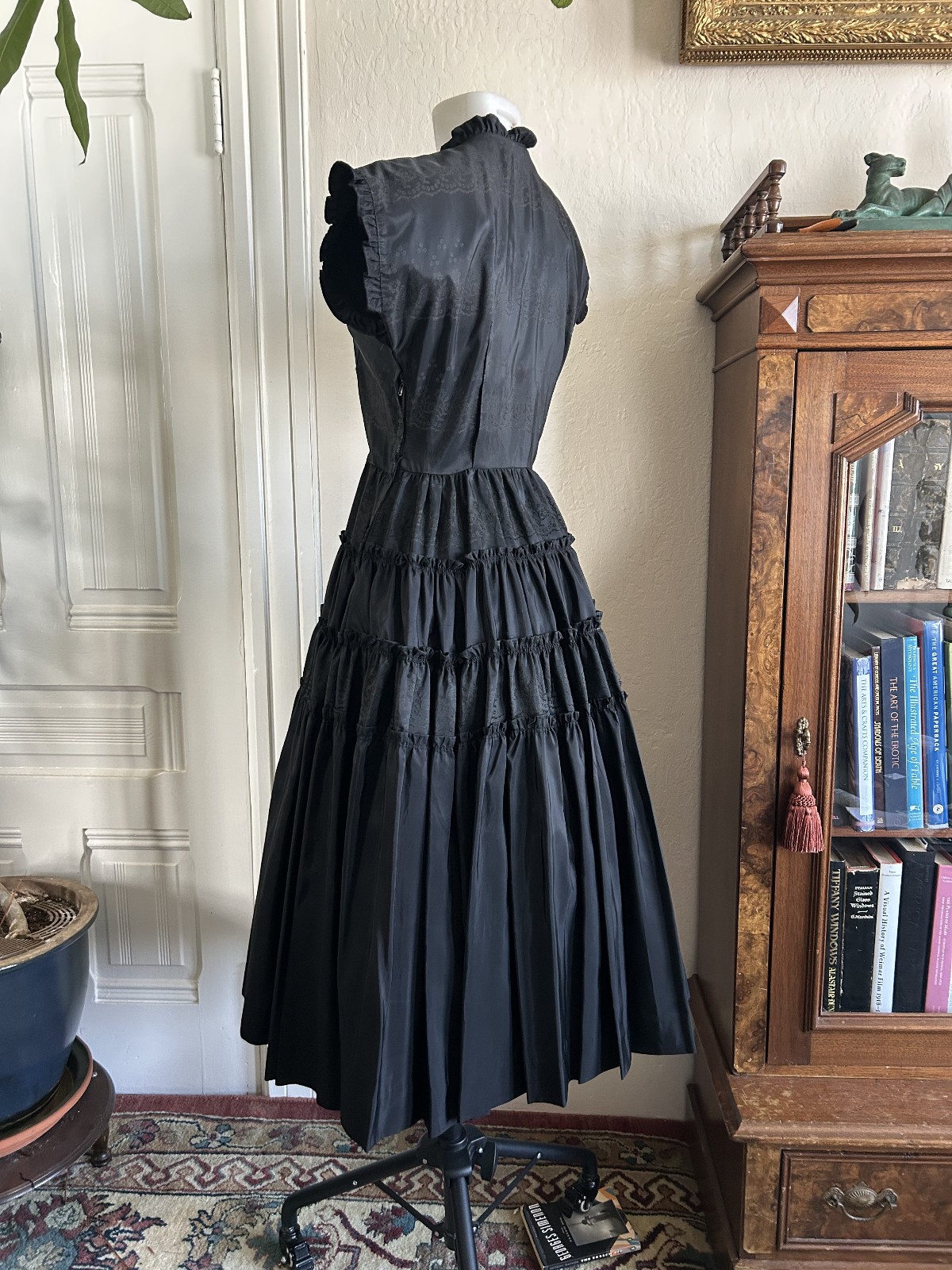 Vtg 40s 1950s Black High Neck Party Tea Party Dress Gothic Ruffle Full Skirt 27W