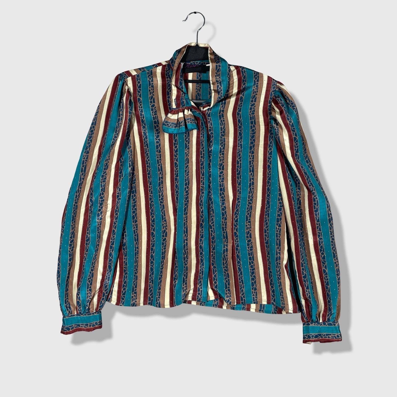 Bethany Striped Blouse Women 3/4 Teal Burgundy Vintage Secretary Pussy Bow