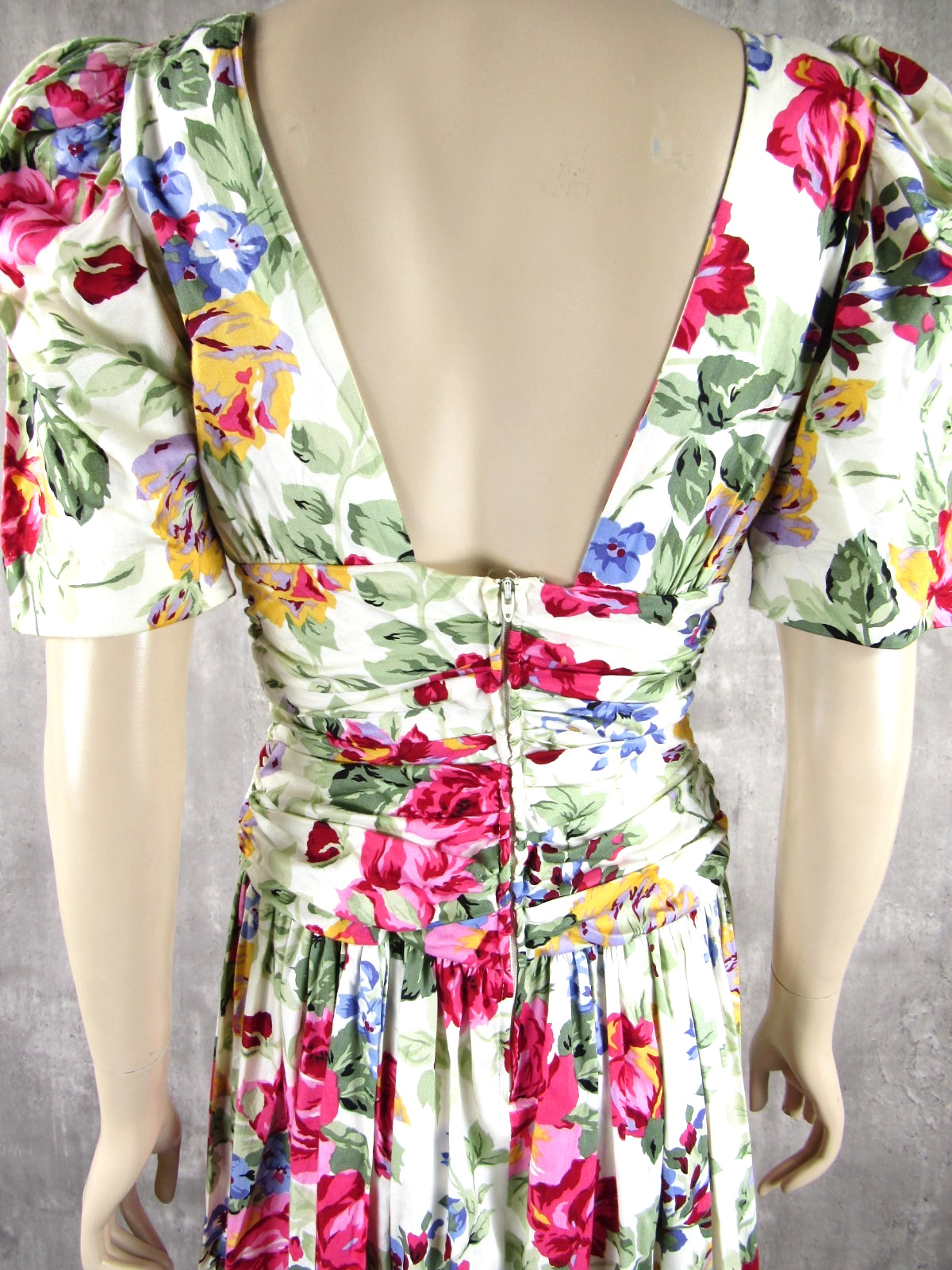 Vintage 80s Misty Lane Floral Cotton Garden Party Tea Dress Open Back Midi Dress