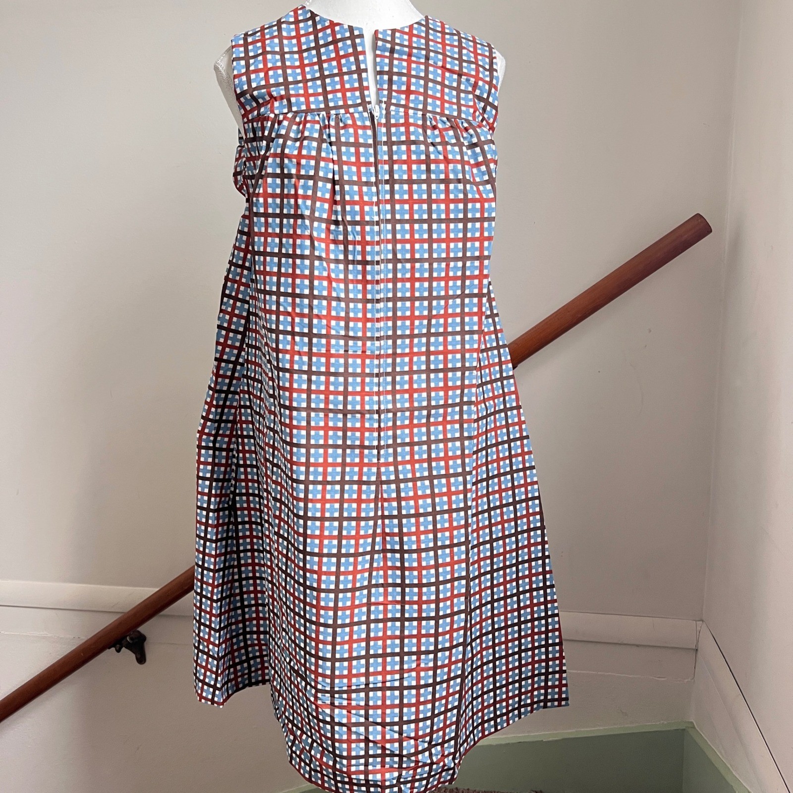 Vintage Plaid Midi Dress Mod MCM Geometric Sleeveless A-Line Muumuu House Coat