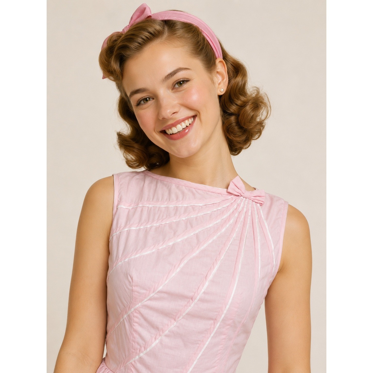 Vintage 1950s Cute Tailored Junior Pink Sunburst Dress Bow circle Skirt cotton