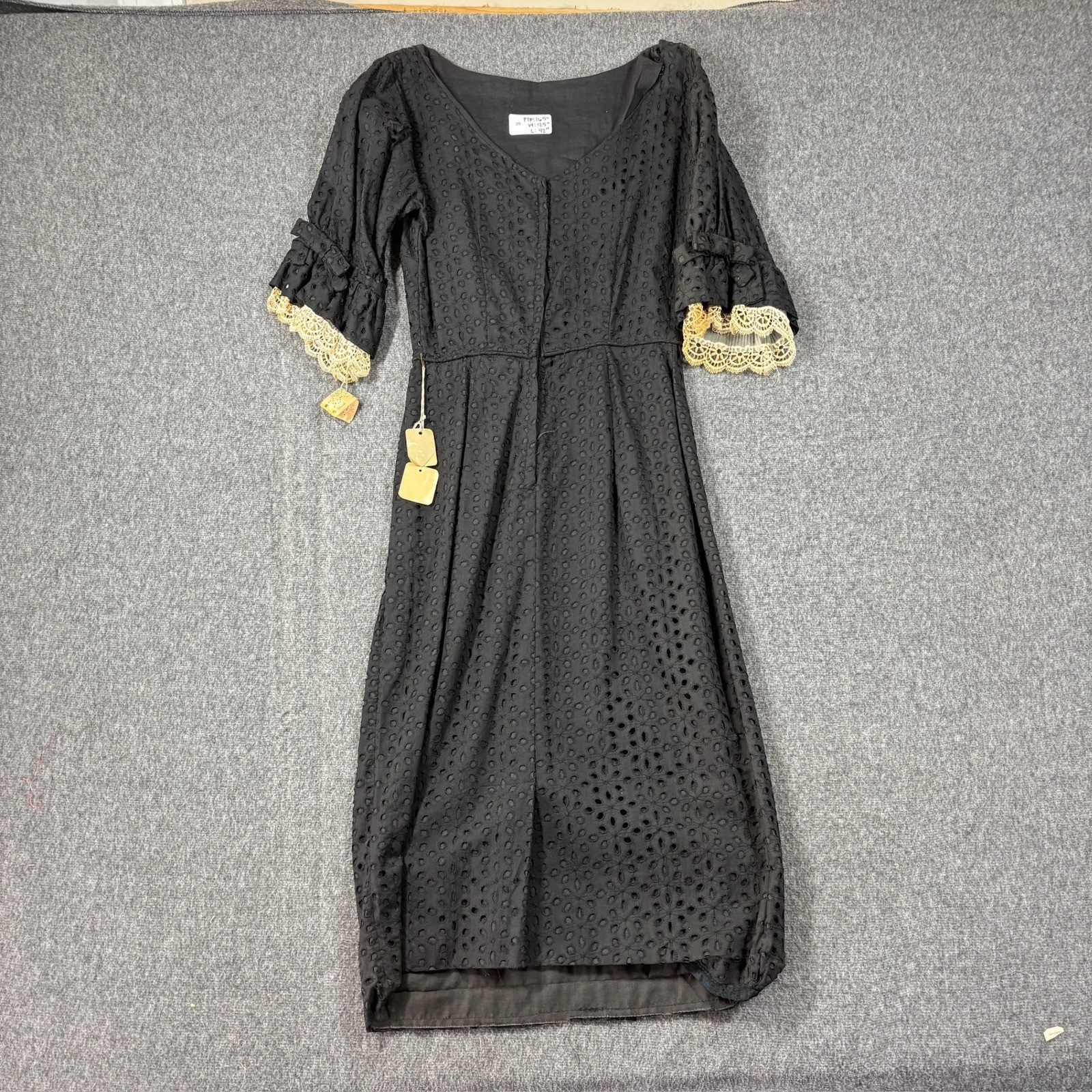 Vintage NWT Black Eyelet Cotton Midi Dress Lace Ruffle Sleeve Bow Detail Size 13