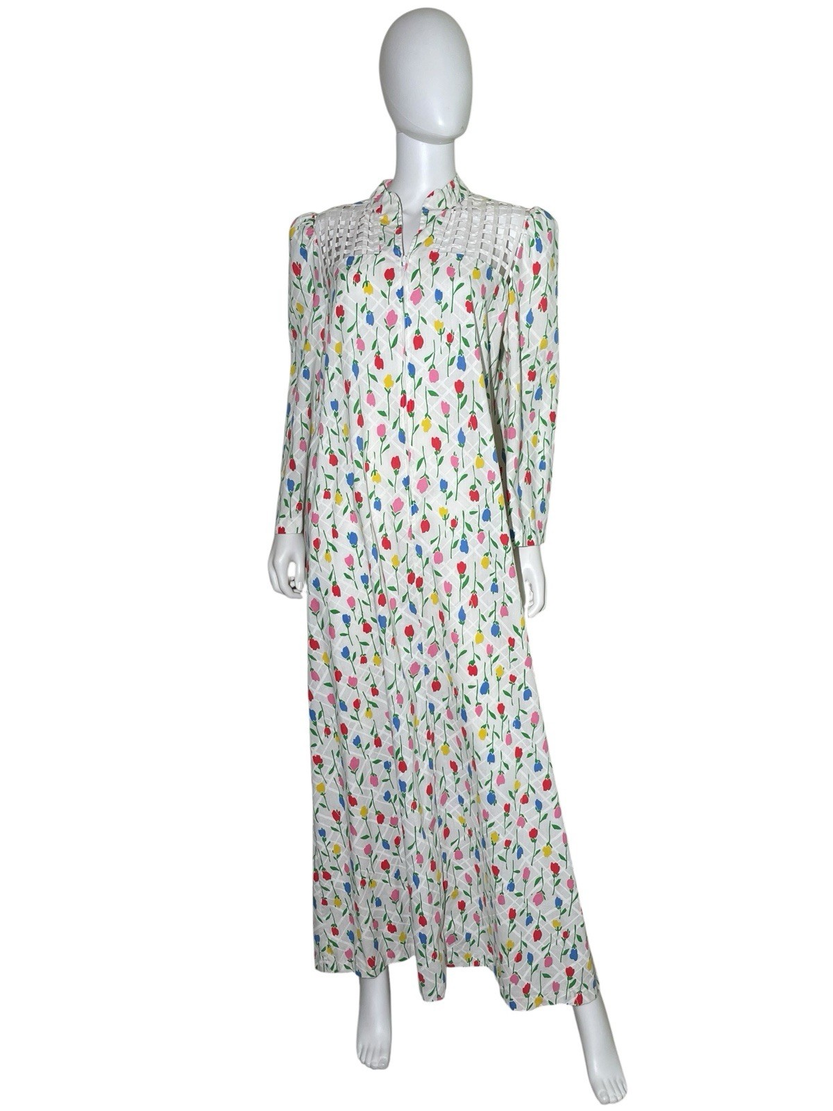 VTG 70s David Brown Saks Fifth Avenue White Floral 1/4 Zip House lounge Dress