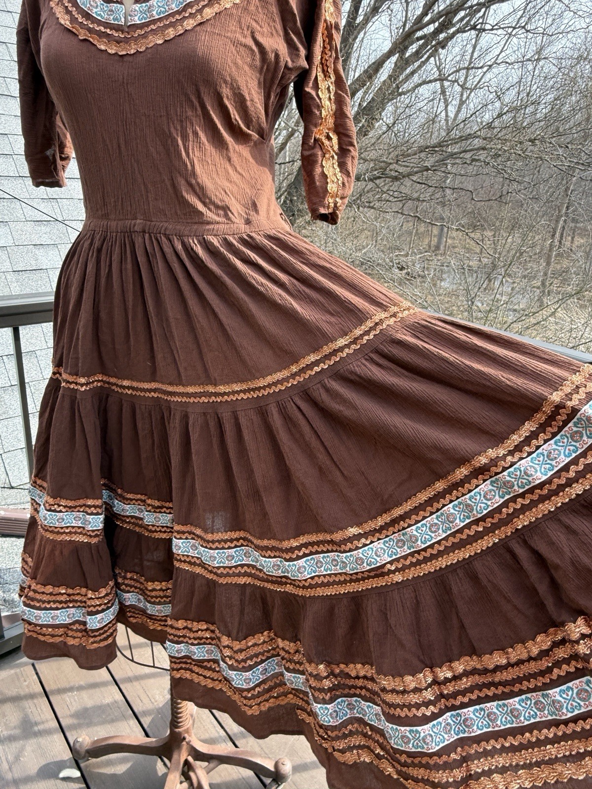 Vintage Faye Creations Patio Fashions Arizona Brown Dress Copper / Blue Trims
