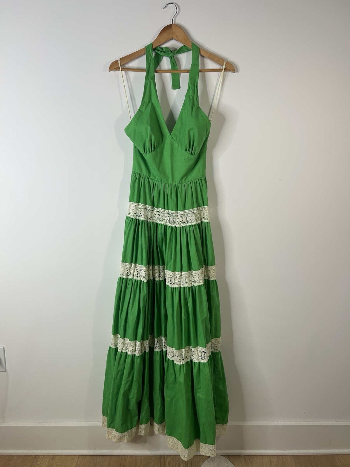 Vintage 1970’s Denise L Dress Women’s Green Halter Lace Maxi Everyday
