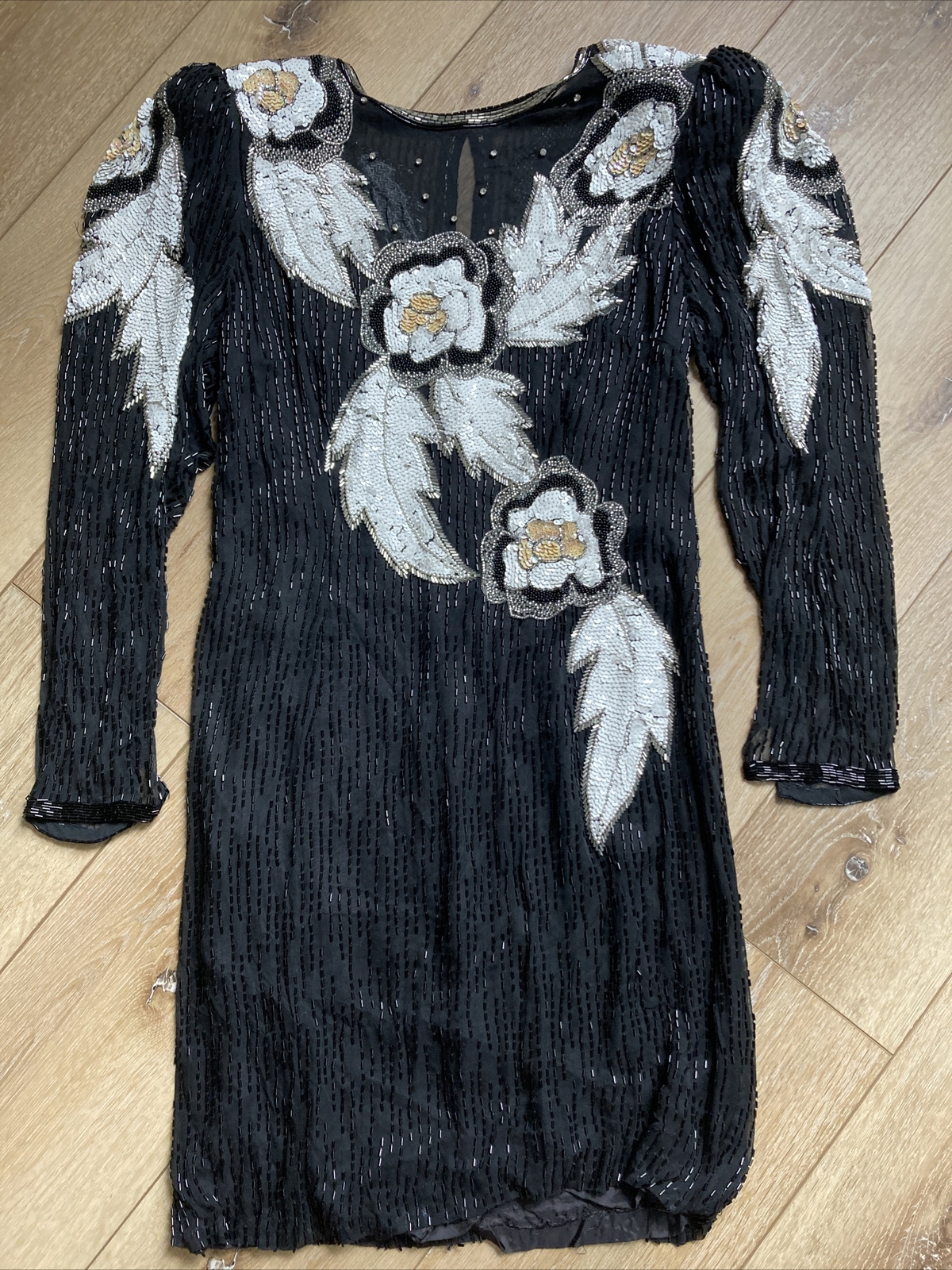 Vintage 80s Niteline Beaded 100% Silk Cocktail Formal Party Dress 10 FLAW READ