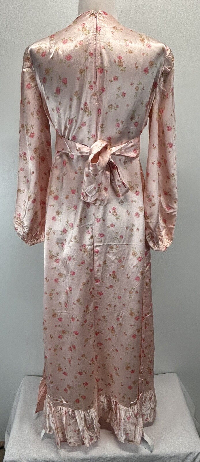 Vtg Handmade Satin Floral Gown Dress Pink Tie Back Cottage Core Prairie Long 70s