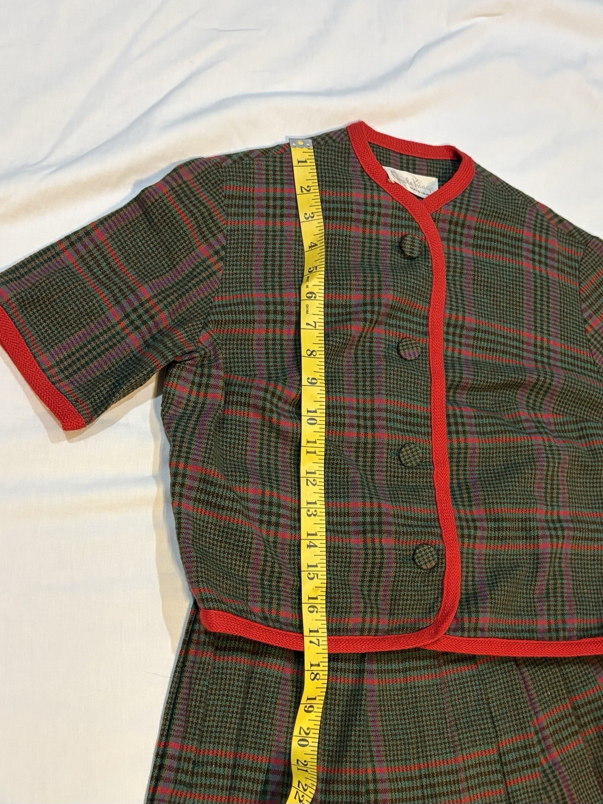 Vintage 60s Carole King 2 pc Multicolor Plaid Red Trim Academic Skirt Suit Mod