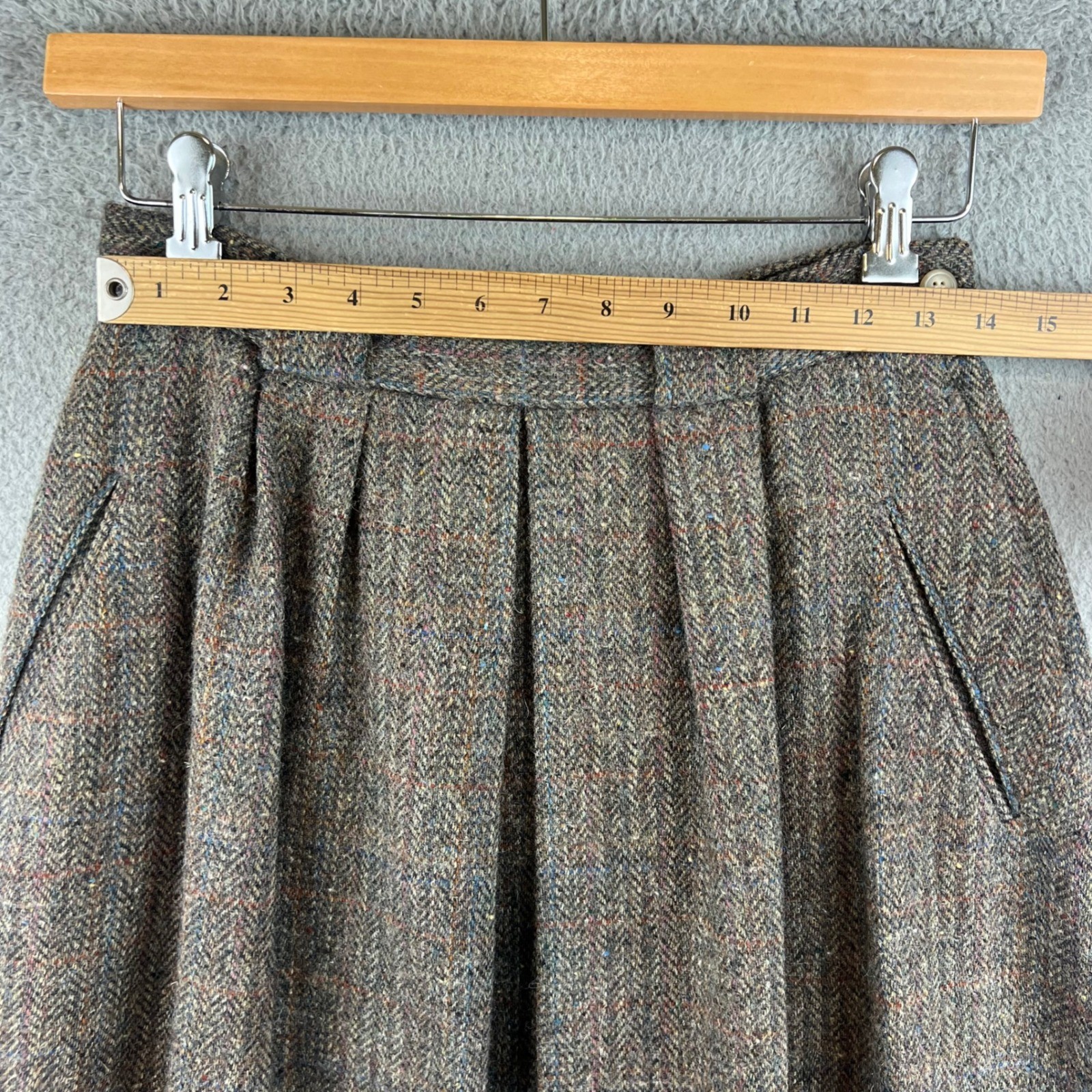 Vintage Brown Herringbone Tweed Wool Maxi Skirt Pleated High Waist Pockets 10