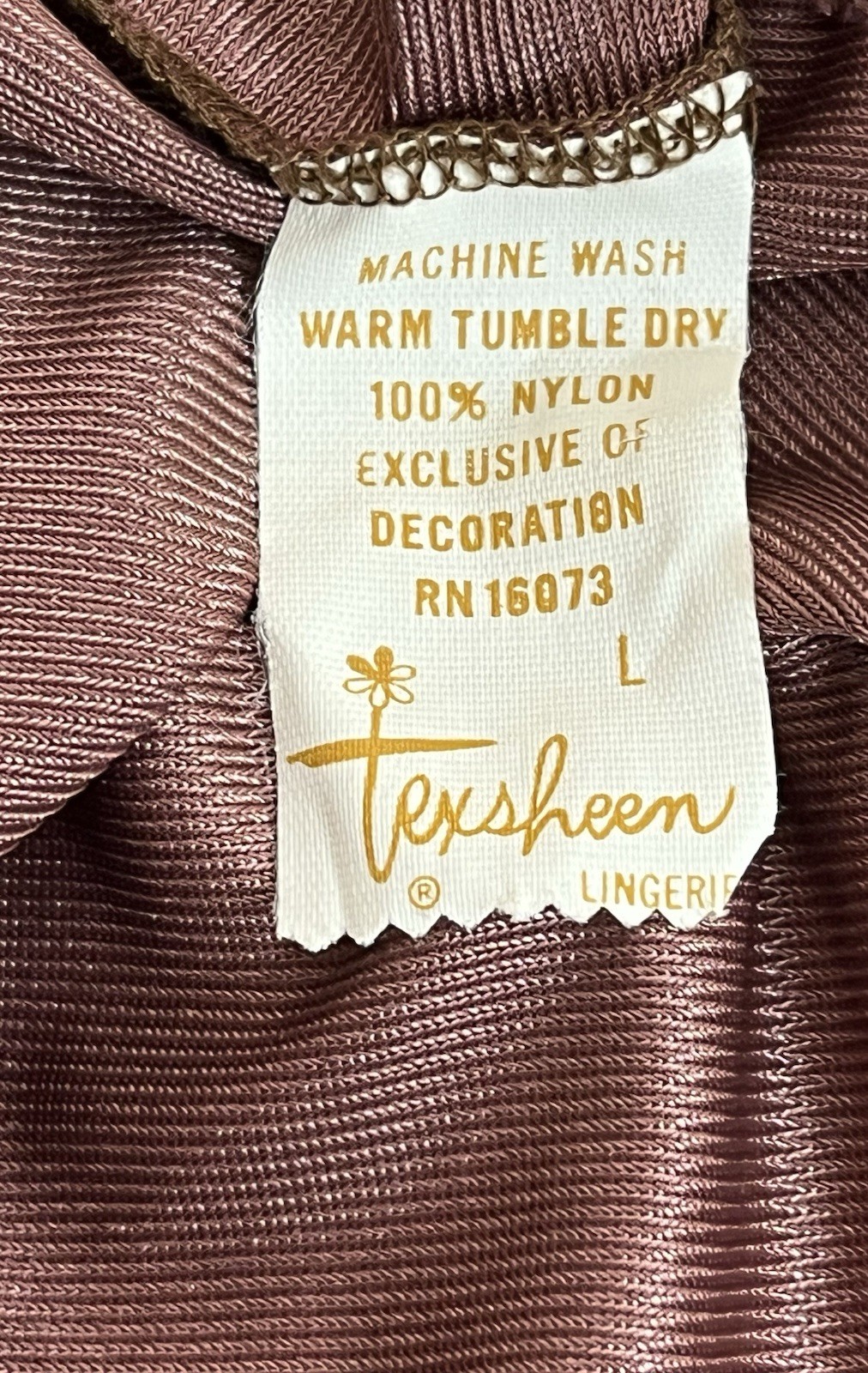 Texsheen Vintage Full Length V-Neck Brown Sleeveless Nylon Womens L Nightgown