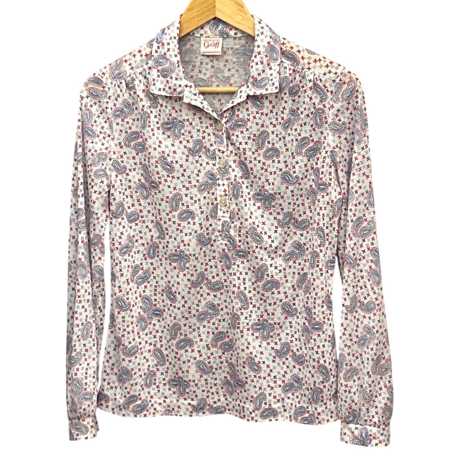 70s Graff Californiawear Paisley Blouse Retro Mod Secretary Office Top Red Blue