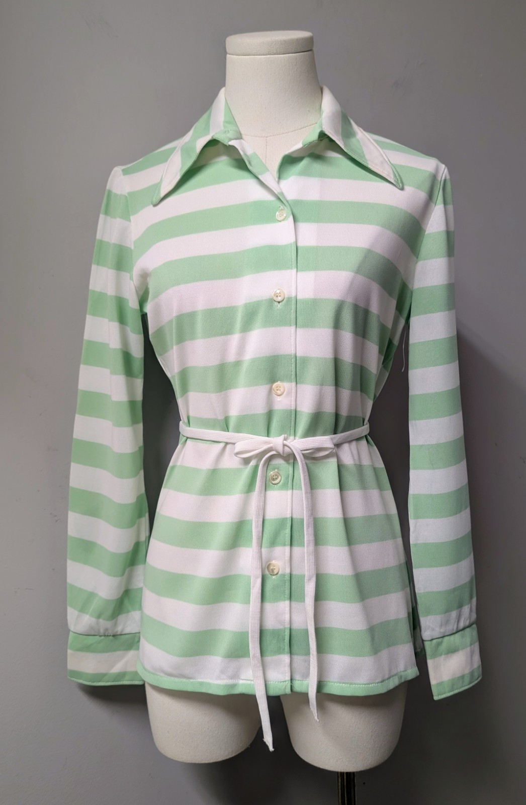 Vintage 70&rsquo;s Bodin Knits Deadstock Striped Mint Green White Top Belted Dagger 8