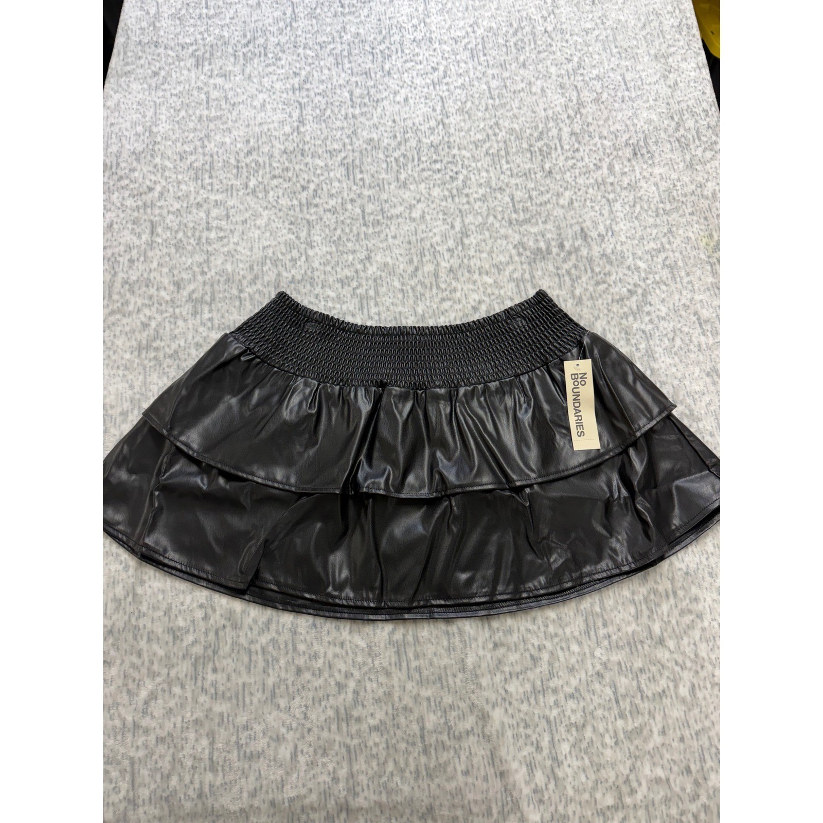 No Boundaries Black Faux Leather Smocked Tiered Mini Skirt Size L 12-14 NEW