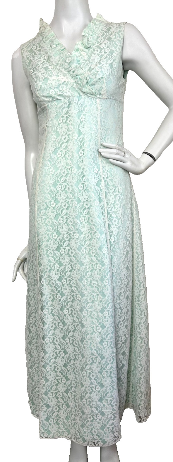 50s Lace Column Dress Size S Aqua Ruffle Sleeveless Lined Ruffle Empire Vintage