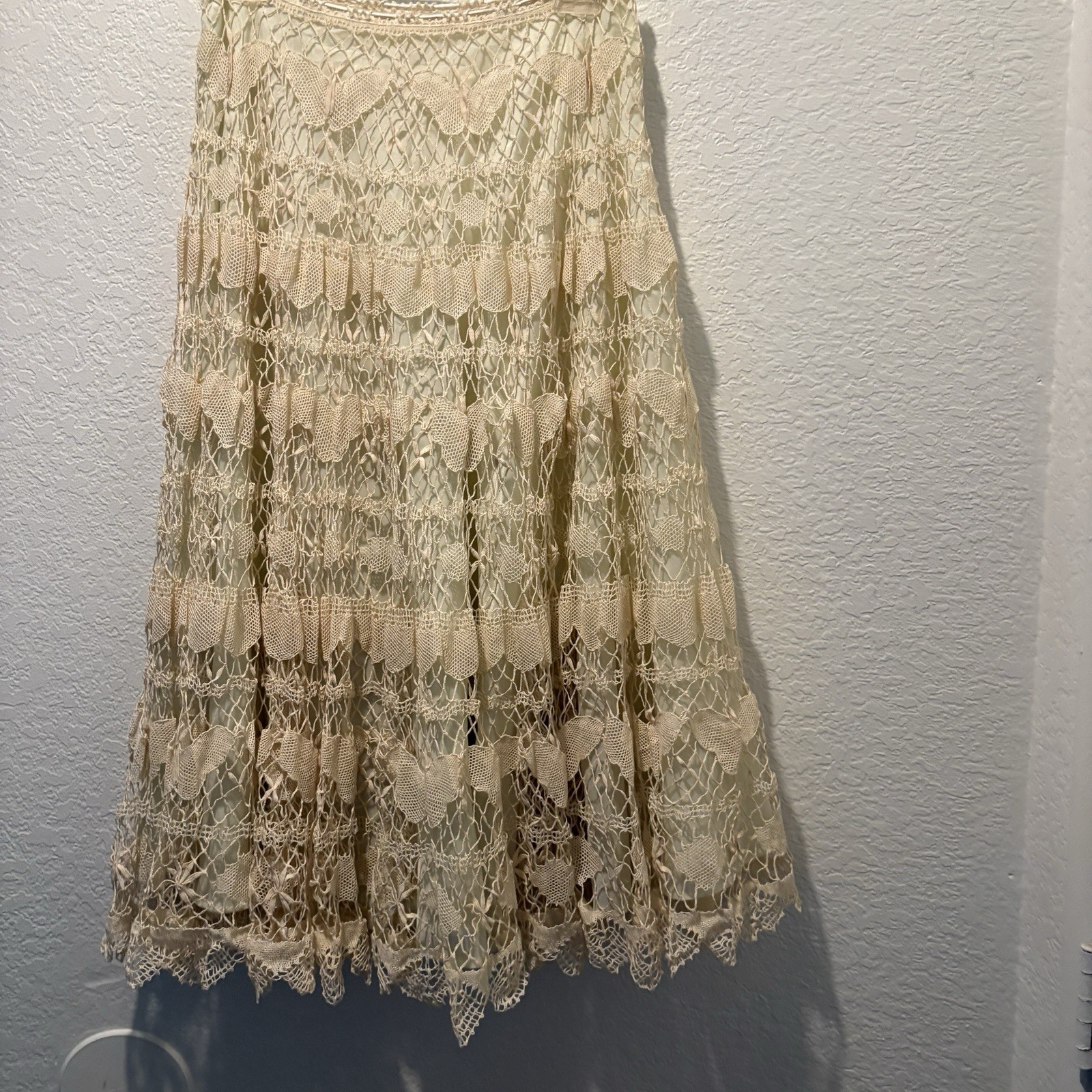 Vintage Handmade Crochet Midi Skirt Cream Size Small Boho Coquette Butterflies
